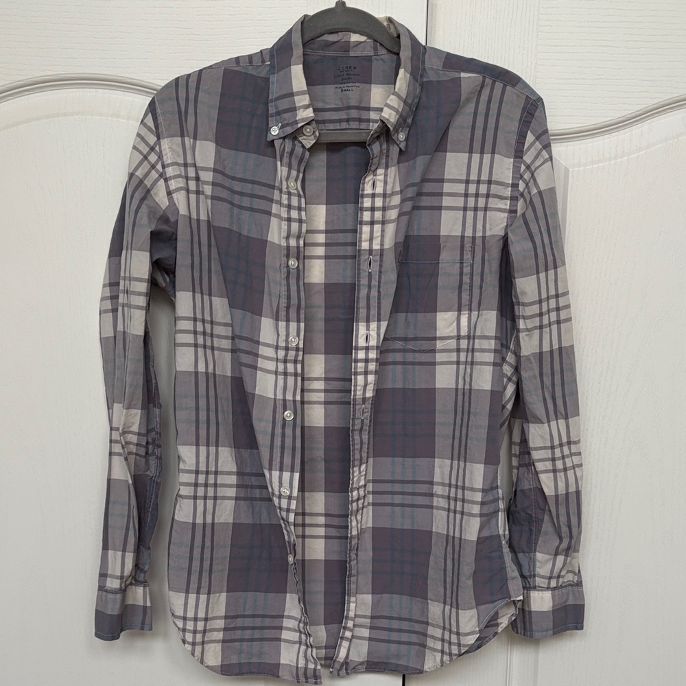 J. Crew Men's Gray and White Plaid Button-Down Shirt